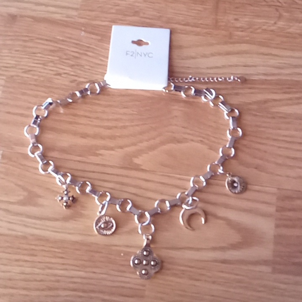 NEW ladies necklace by F2/NYC silver chain with 5 charms
